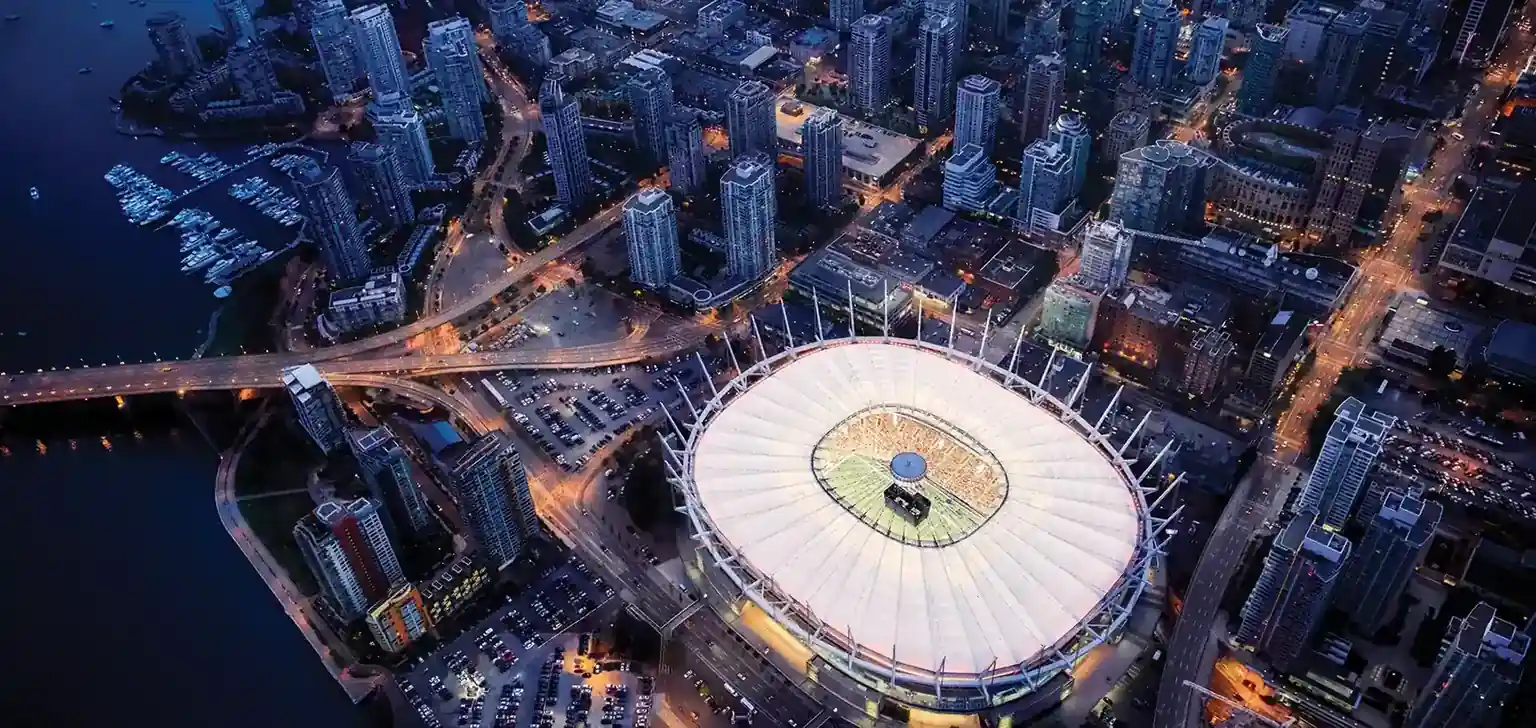 Vancouver host city view with BC Place and waterfront skyline